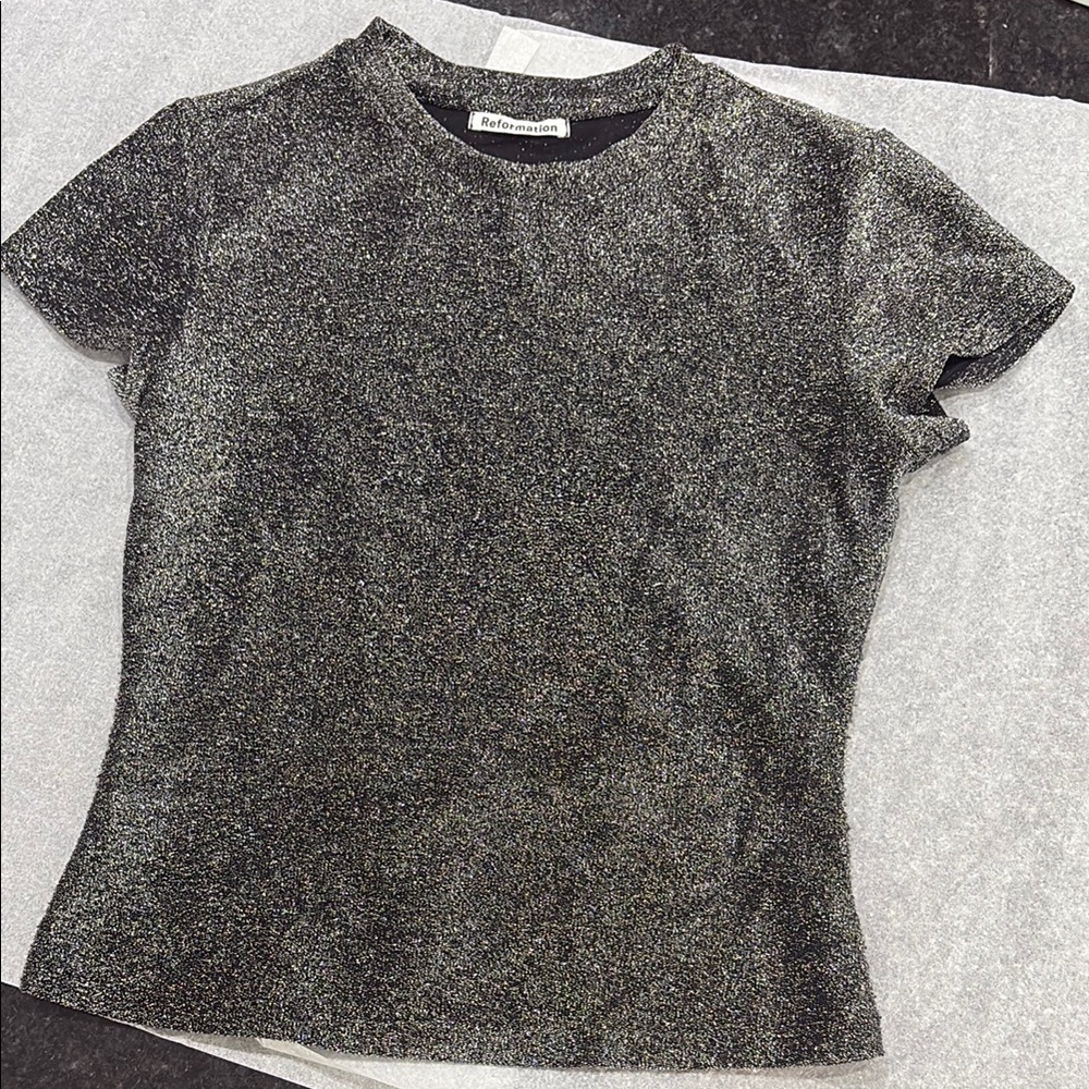 Reformation White and Gray Fitted metallic Tee
